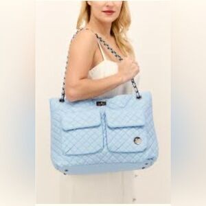 Badgley Mischka Light Blue Diana Vegan Leather Quilted Tote Weekender Bag